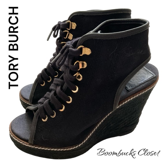 TORY BURCH Black and gold Lace up  OPEN TOE JUTE WEDGE HEEL PLATFORM HEELS - Picture 3 of 9